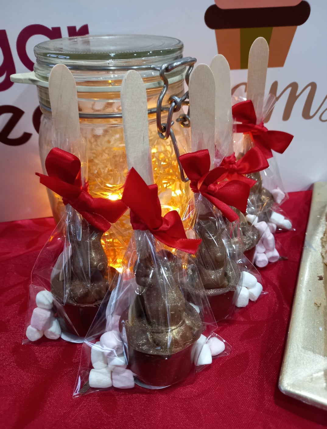 Belgium chocolate hot chocolate stirrer on wooden spoon